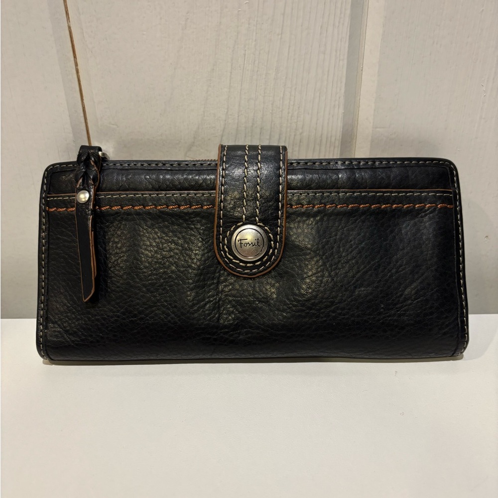 Vintage Fossil Weekender Checkbook Clutch Bifold Wallet Black Leather